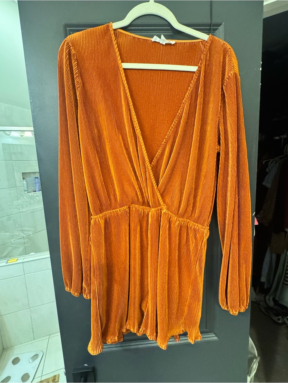 Women's Burnt-Orange Silky Wrap-Front Long Sleeve Romper